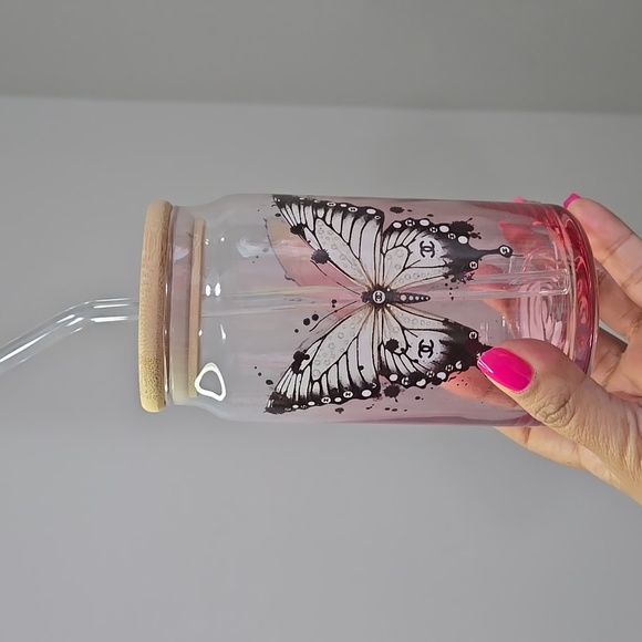 Other - New glass cup w/ straw CC butterfly